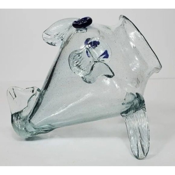 Blenko Style Art Glass Open-Mouth Fish Bowl Vase 6-1/2" Tall Dark Blue Eyes
